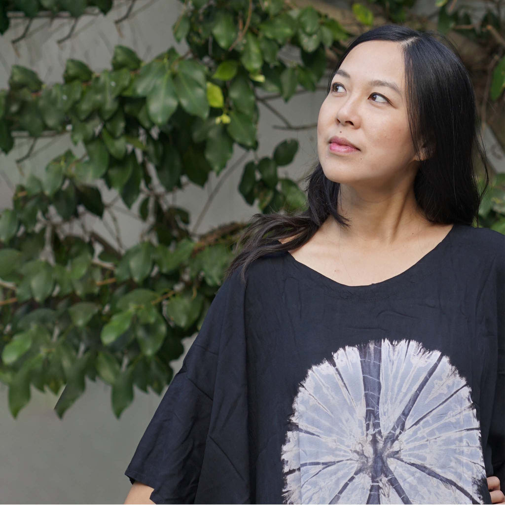 Kaftan Tie Dye Long Dress Shibori Black White Floral Pattern Kasih Co-op