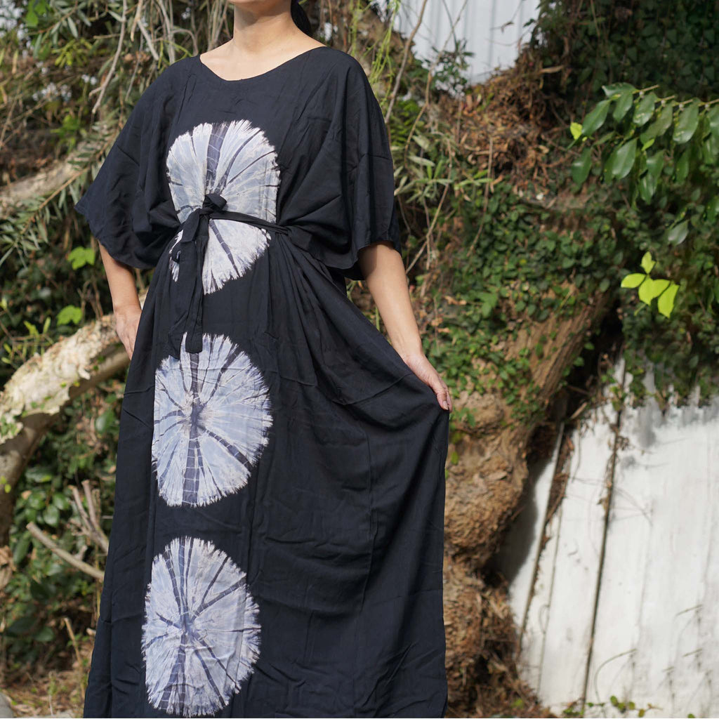 Kaftan Tie Dye Long Dress Shibori Black White Floral Pattern Kasih Co-op