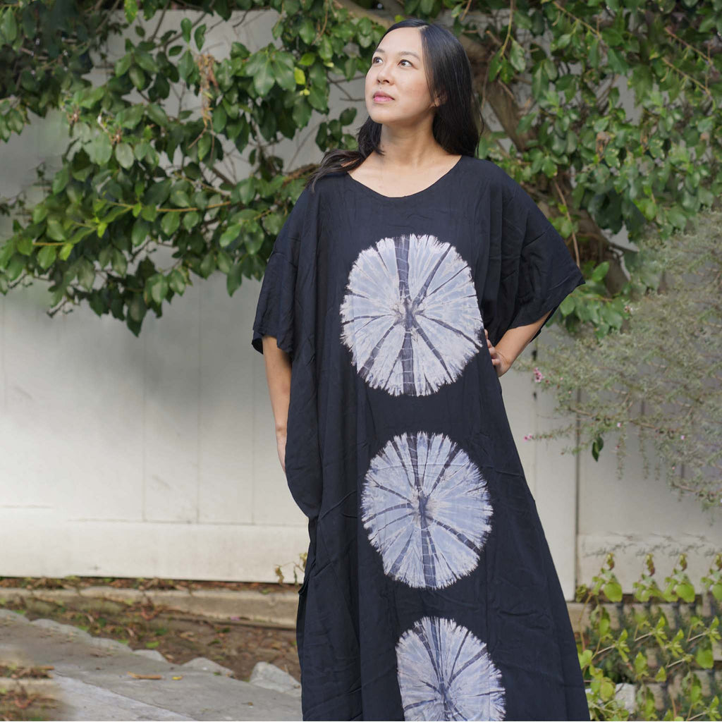 Kaftan Tie Dye Long Dress Shibori Black White Floral Pattern Kasih Co-op