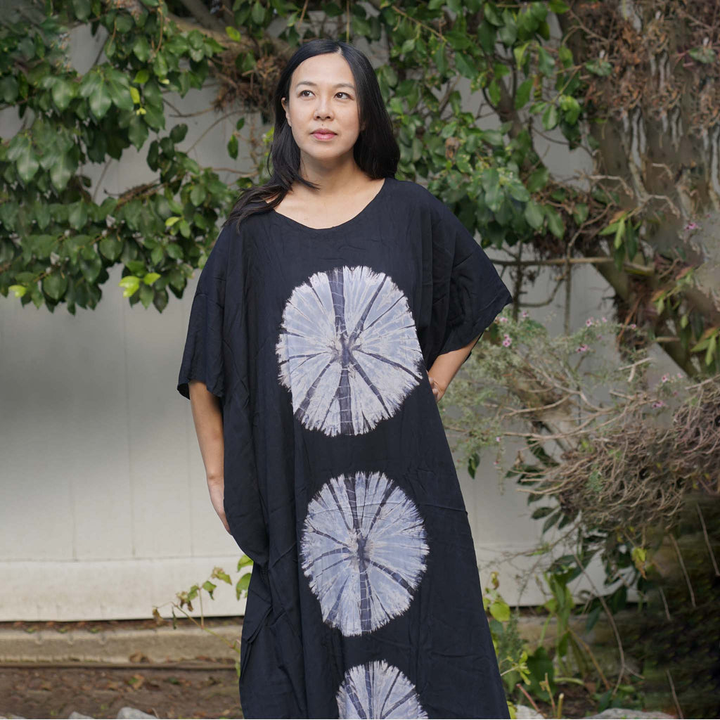 Kaftan Tie Dye Long Dress Shibori Black White Floral Pattern Kasih Co-op