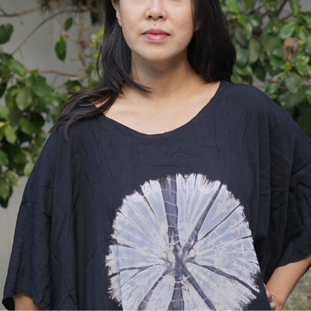 Kaftan Tie Dye Long Dress Shibori Black White Floral Pattern Kasih Co-op