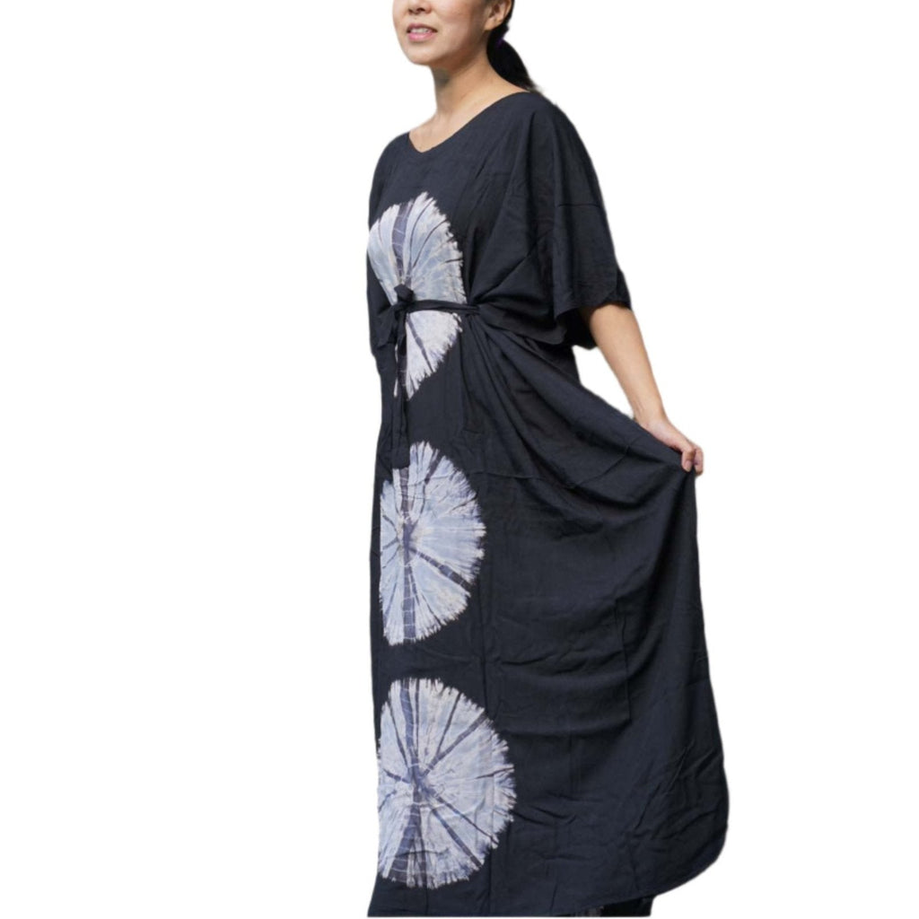 Kaftan Tie Dye Long Dress Shibori Black White Floral Pattern Kasih Co-op