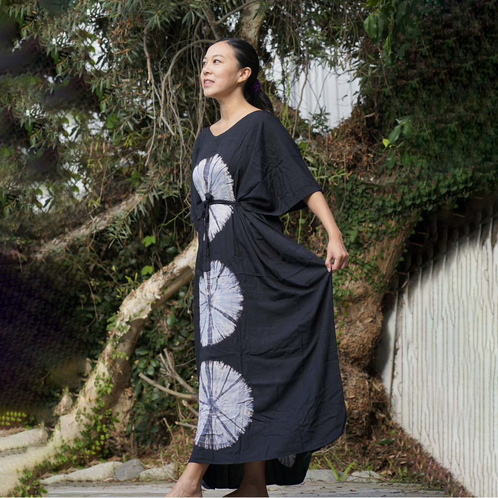 Kaftan Tie Dye Long Dress Shibori Black White Floral Pattern Kasih Co-op