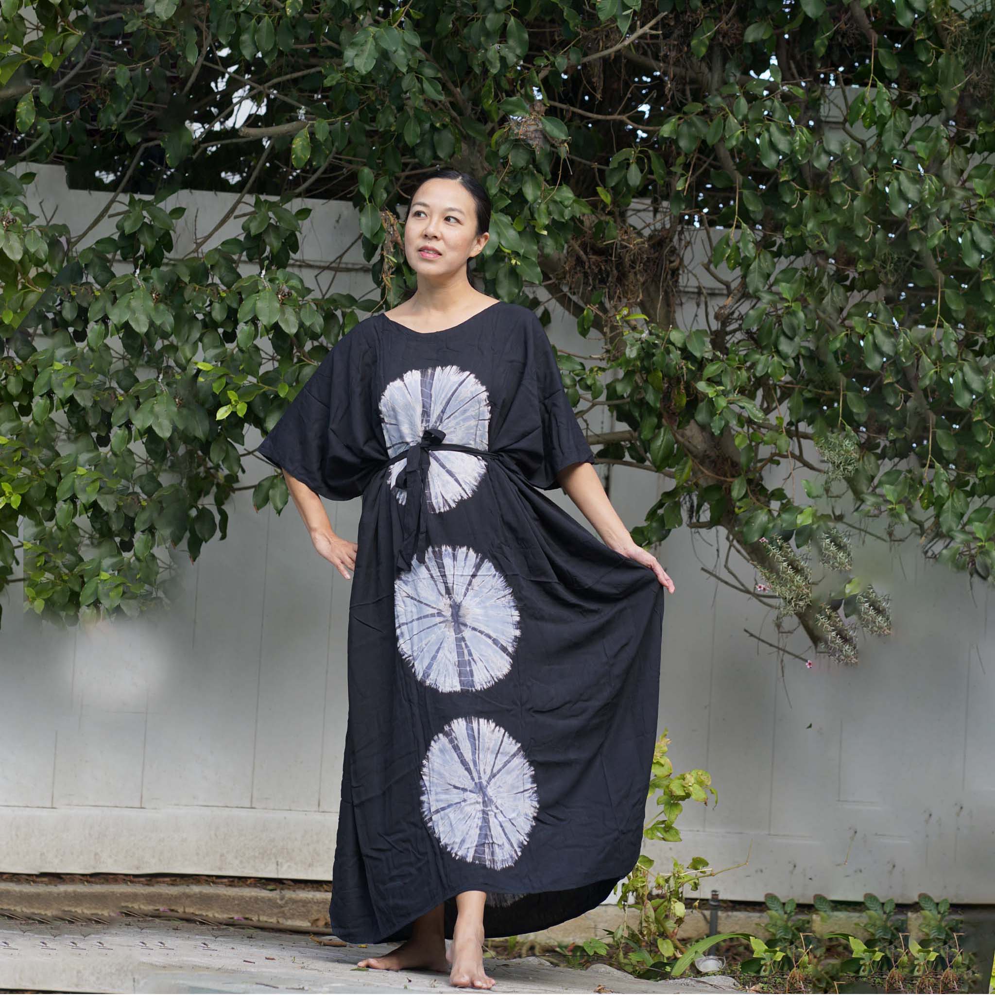 Kaftan Tie Dye Long Dress Shibori Black White Floral Pattern Kasih Co-op