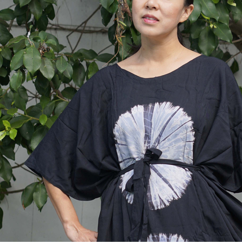 Kaftan Tie Dye Long Dress Shibori Black White Floral Pattern Kasih Co-op