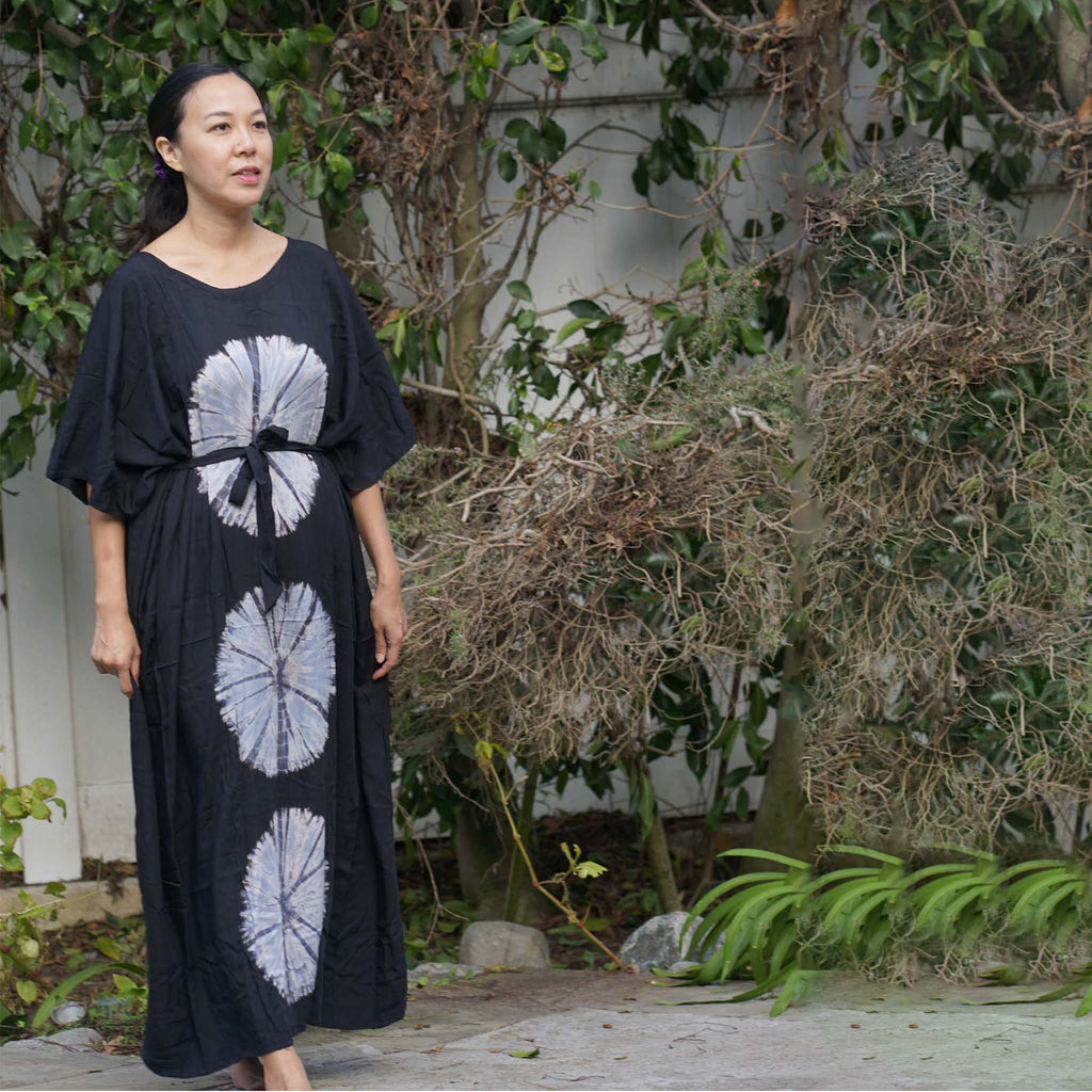Kaftan Tie Dye Long Dress Shibori Black White Floral Pattern Kasih Co-op