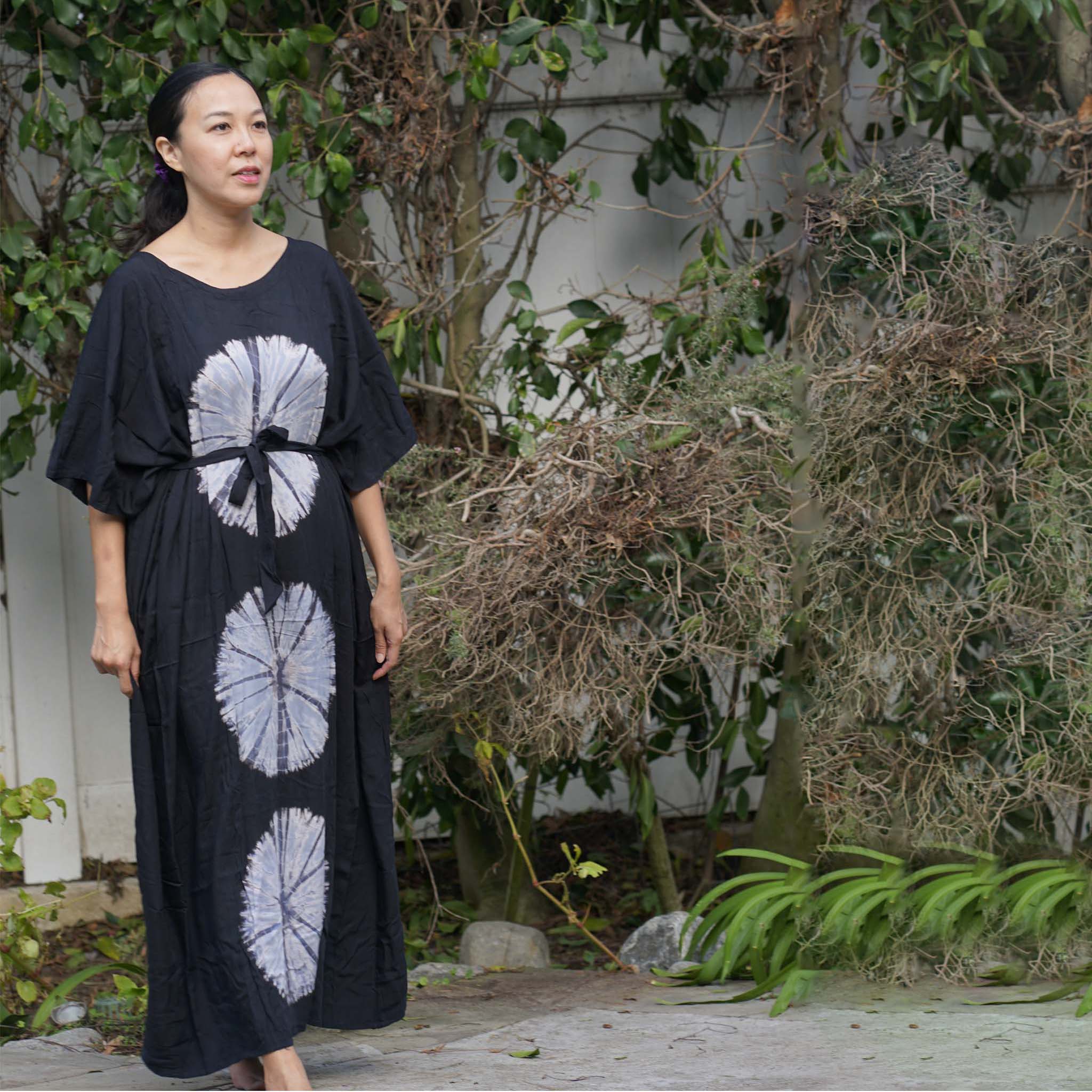Kaftan Tie Dye Long Dress Shibori Black White Floral Pattern Kasih Co-op