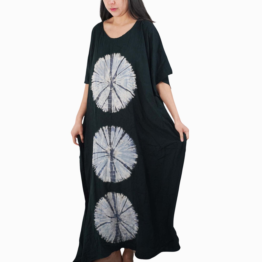 Kaftan Tie Dye Long Dress Shibori Black White Floral Pattern Kasih Co-op
