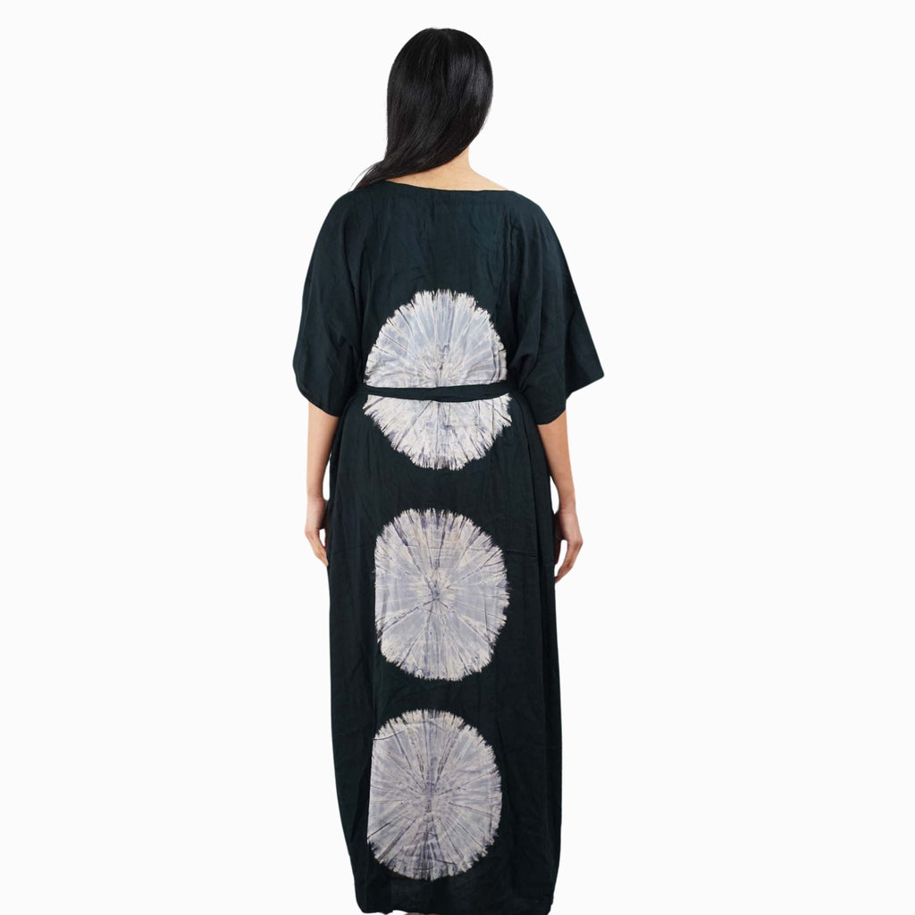 Kaftan Tie Dye Long Dress Shibori Black White Floral Pattern Kasih Co-op
