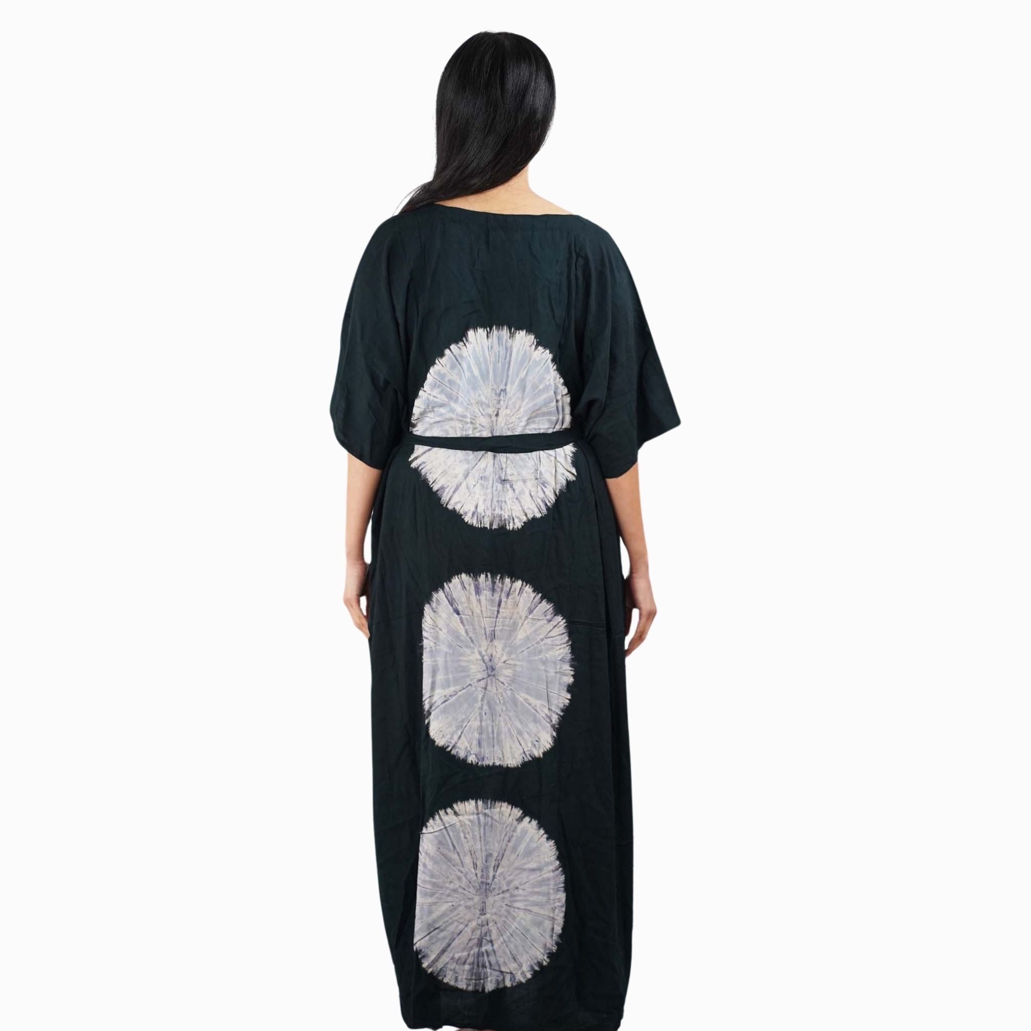 Kaftan Tie Dye Long Dress Shibori Black White Floral Pattern Kasih Co-op