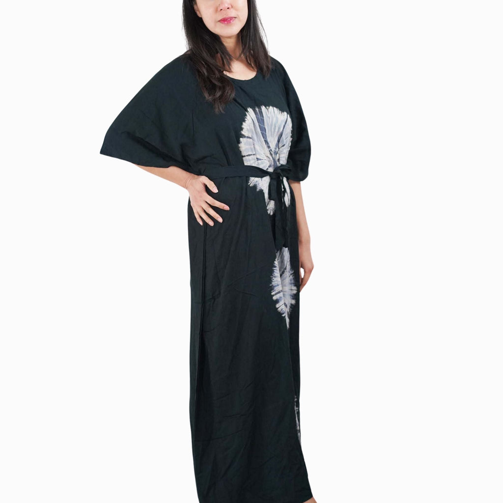 Kaftan Tie Dye Long Dress Shibori Black White Floral Pattern Kasih Co-op