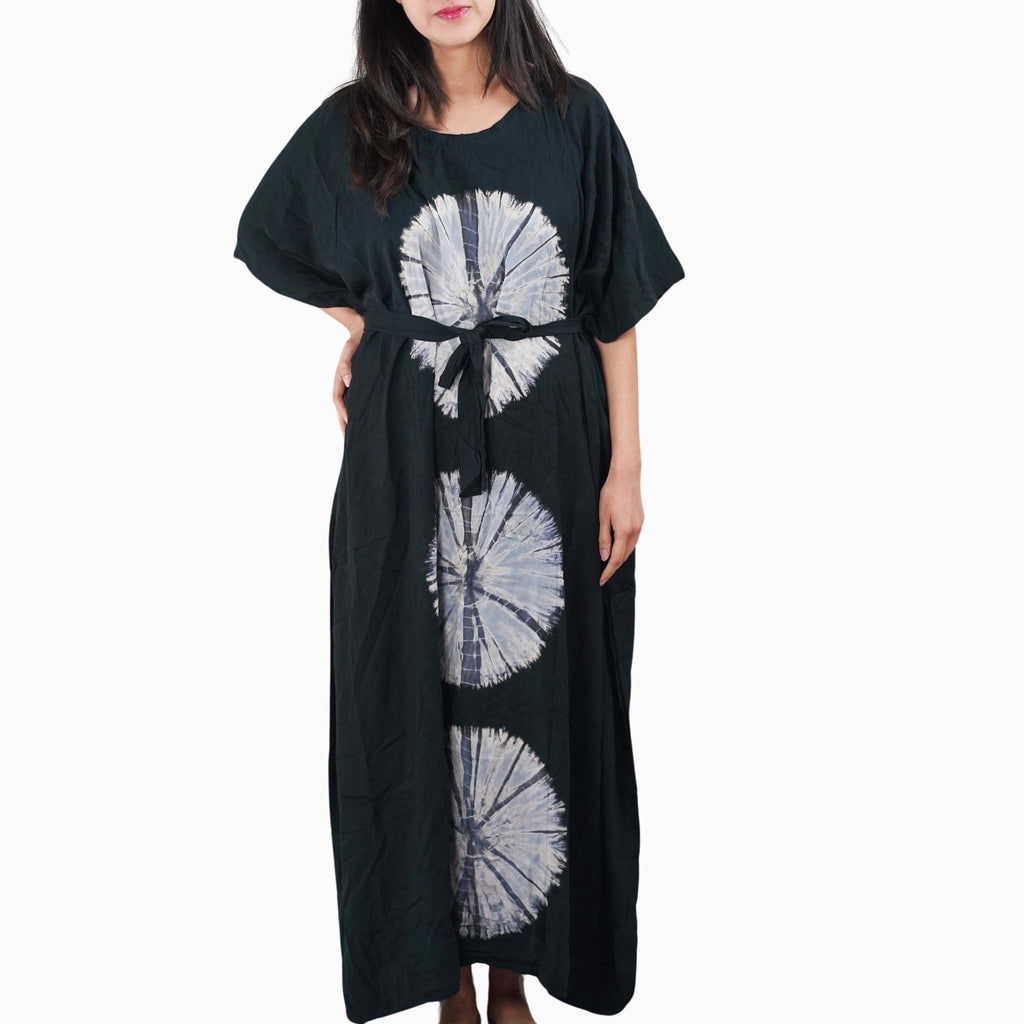 Kaftan Tie Dye Long Dress Shibori Black White Floral Pattern Kasih Co-op