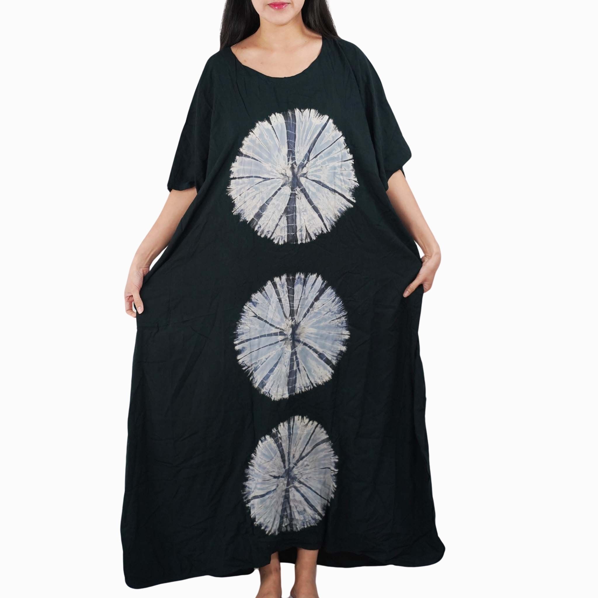 Kaftan Tie Dye Long Dress Shibori Black White Floral Pattern Kasih Co-op