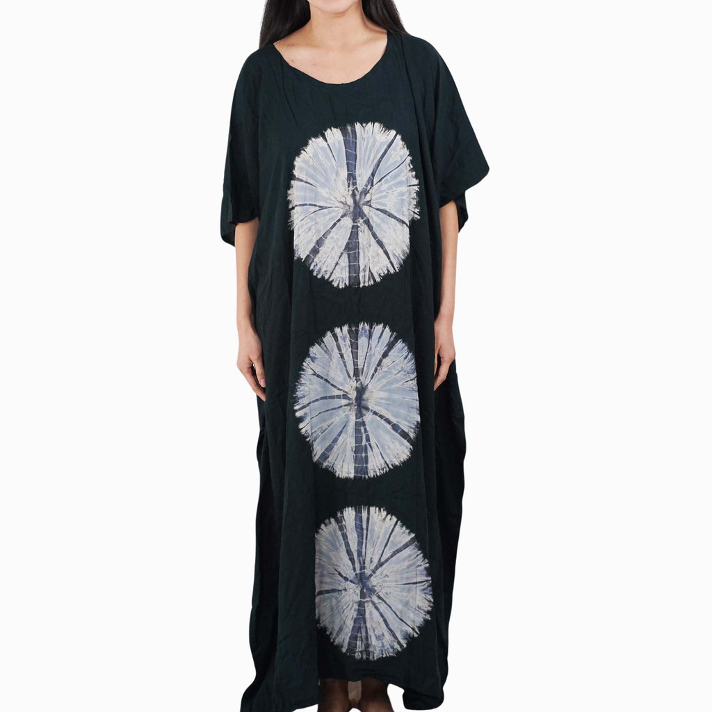 Kaftan Tie Dye Long Dress Shibori Black White Floral Pattern Kasih Co-op