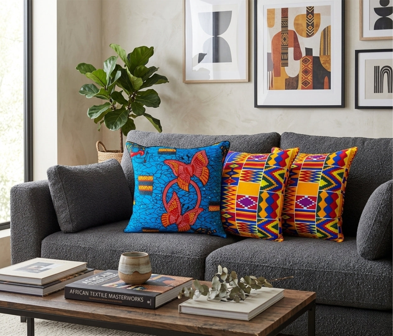 African Print Fabric Pillow Cover - Blue Red Butterflies Reflektion Design