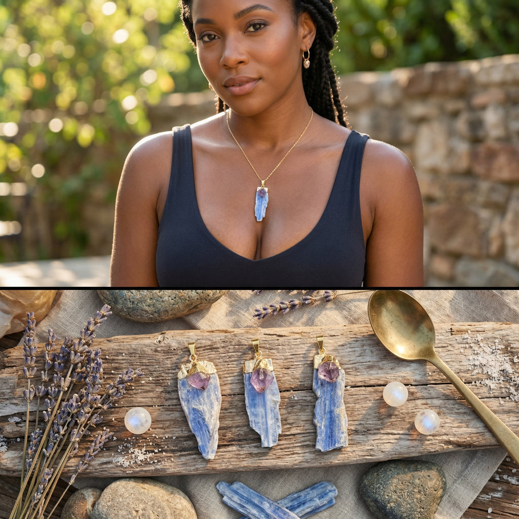 Kyanite And Amethyst Crystal Point Pendant (Gold Plated) Amazing Crystals