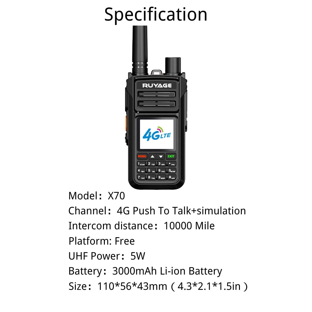Ruyage X70 Nationwide Lifetime Free 4g+Uhf Walkie Talkies | Global Unlimited Range Dual Mode 2 Way Radios,Relay Function,3000mAh,for Job Site with SIM Cards 2 Pack Ruyage Radio