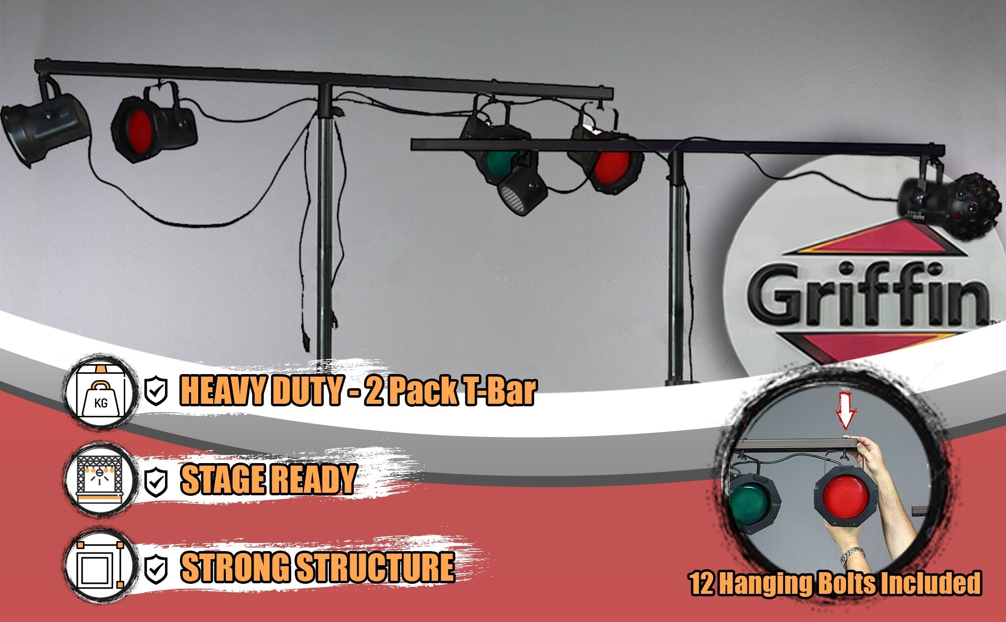 T-Bar Support for DJ Light Tripod Stands (2 Pack) | GRIFFIN Cross Bar Mount for Stage Lighting Truss System with 12 Hanging Bolts | 5FT Horizontal Trussing Kit GeekStands.com