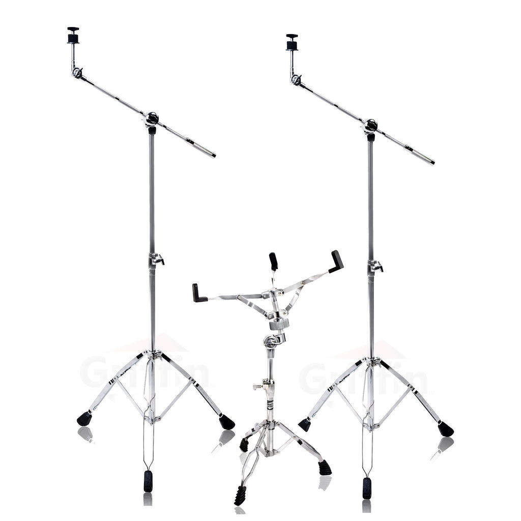 Cymbal Stand with Boom Arm & Snare Drum Stand Kit (3x Stands) by GRIFFIN - Chrome Percussion Hardware Set with Double-Braced Legs & Counterweight Adapter for Mounting Crash, Ride & Splash Cymbals GeekStands.com
