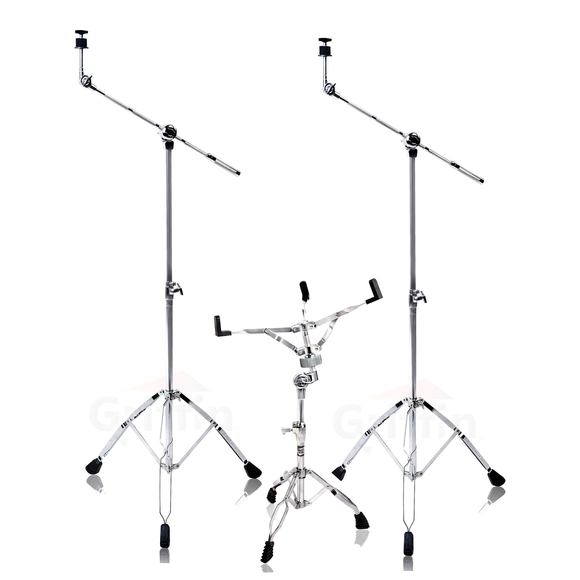 Cymbal Stand with Boom Arm & Snare Drum Stand Kit (3x Stands) by GRIFFIN - Chrome Percussion Hardware Set with Double-Braced Legs & Counterweight Adapter for Mounting Crash, Ride & Splash Cymbals GeekStands.com