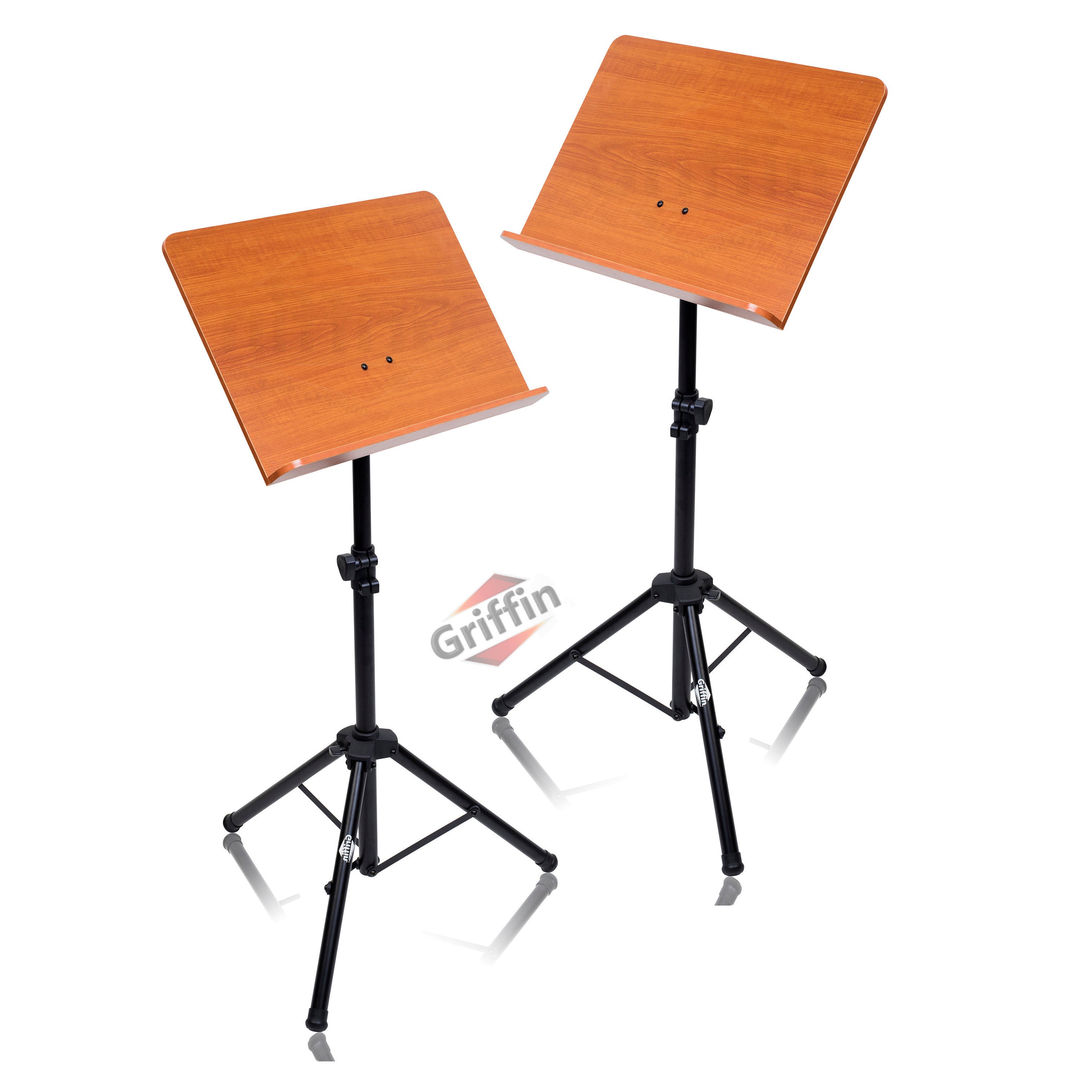Wood Music Stand (2 Pack) by GRIFFIN | Deluxe CONDUCTOR Sheet Holder with Metal Tripod Folding Legs | For Stage Performance, Pro Audio Recording Studio, Music Schools, DJs, Bands, Churches GeekStands.com