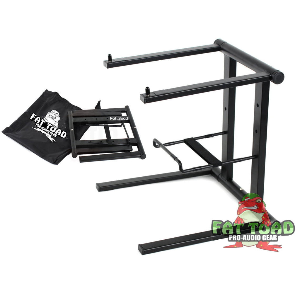 Folding DJ Laptop Stand with Sub-tray Shelf by FAT TOAD | Pro Audio Computer Table Top Rack Stand Mount for iPads, Mixer Controller & Tablets | Portable PC Gear Clamp Holder | Stage Booth, Home Office GeekStands.com