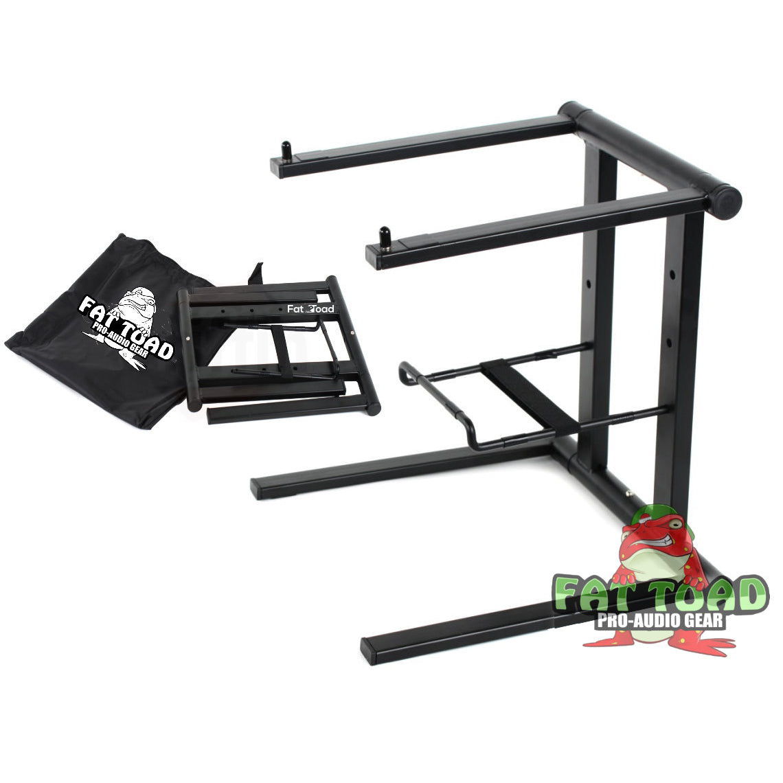 Folding DJ Laptop Stand with Sub-tray Shelf by FAT TOAD | Pro Audio Computer Table Top Rack Stand Mount for iPads, Mixer Controller & Tablets | Portable PC Gear Clamp Holder | Stage Booth, Home Office GeekStands.com