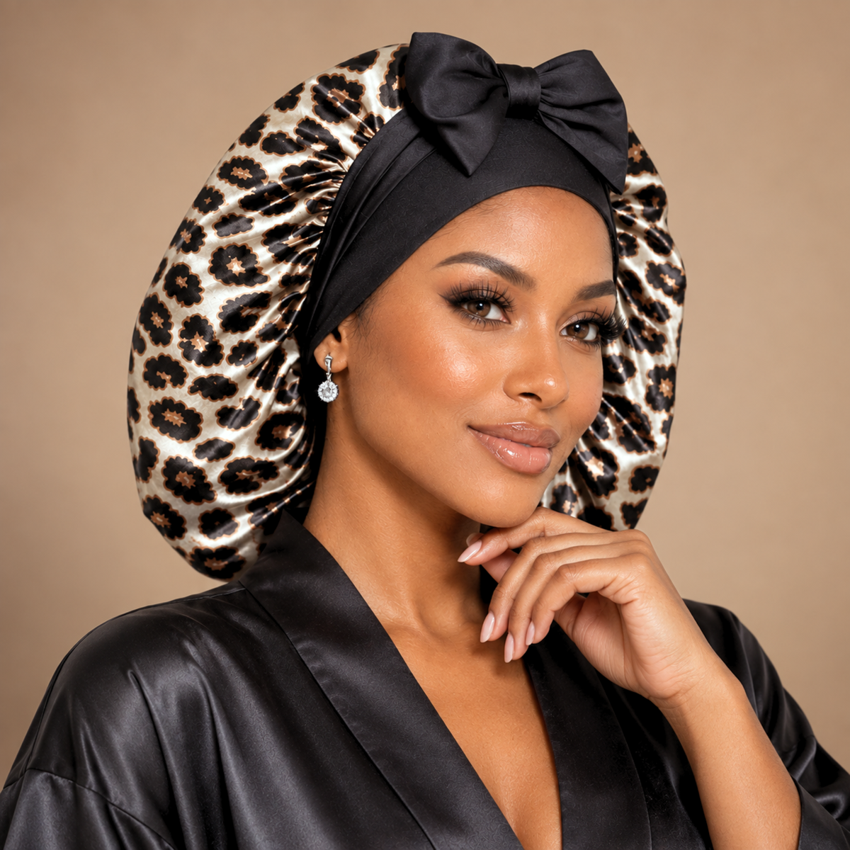 Silk-Blend Satin Bonnet for Sleeping – Non-Slip, Stays On All Night – Adjustable Stretch Ties PHC