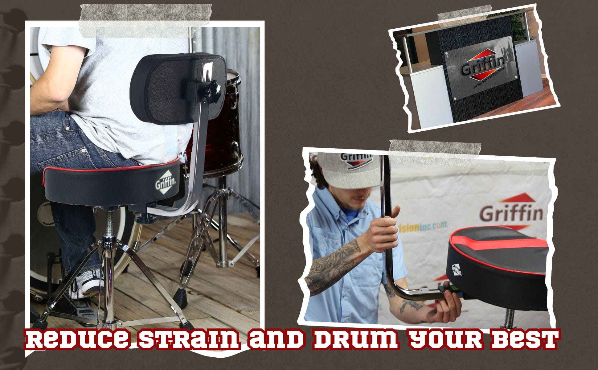 Saddle Drum Throne with Backrest Support by GRIFFIN - Padded Leather Drummer Motorcycle Biker Style Seat - Swivel Adjustable Height Music Drum Chair GeekStands.com
