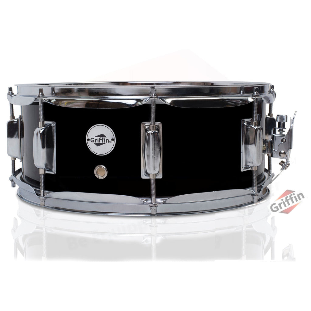GRIFFIN Snare Drum | Poplar Wood Shell 14" x 5.5" with Black PVC & Coated Head | Acoustic Marching Percussion Musical Instrument Set with Drummers Key, 8 Metal Tuning Lugs & Snare Strainer Throw Off GeekStands.com