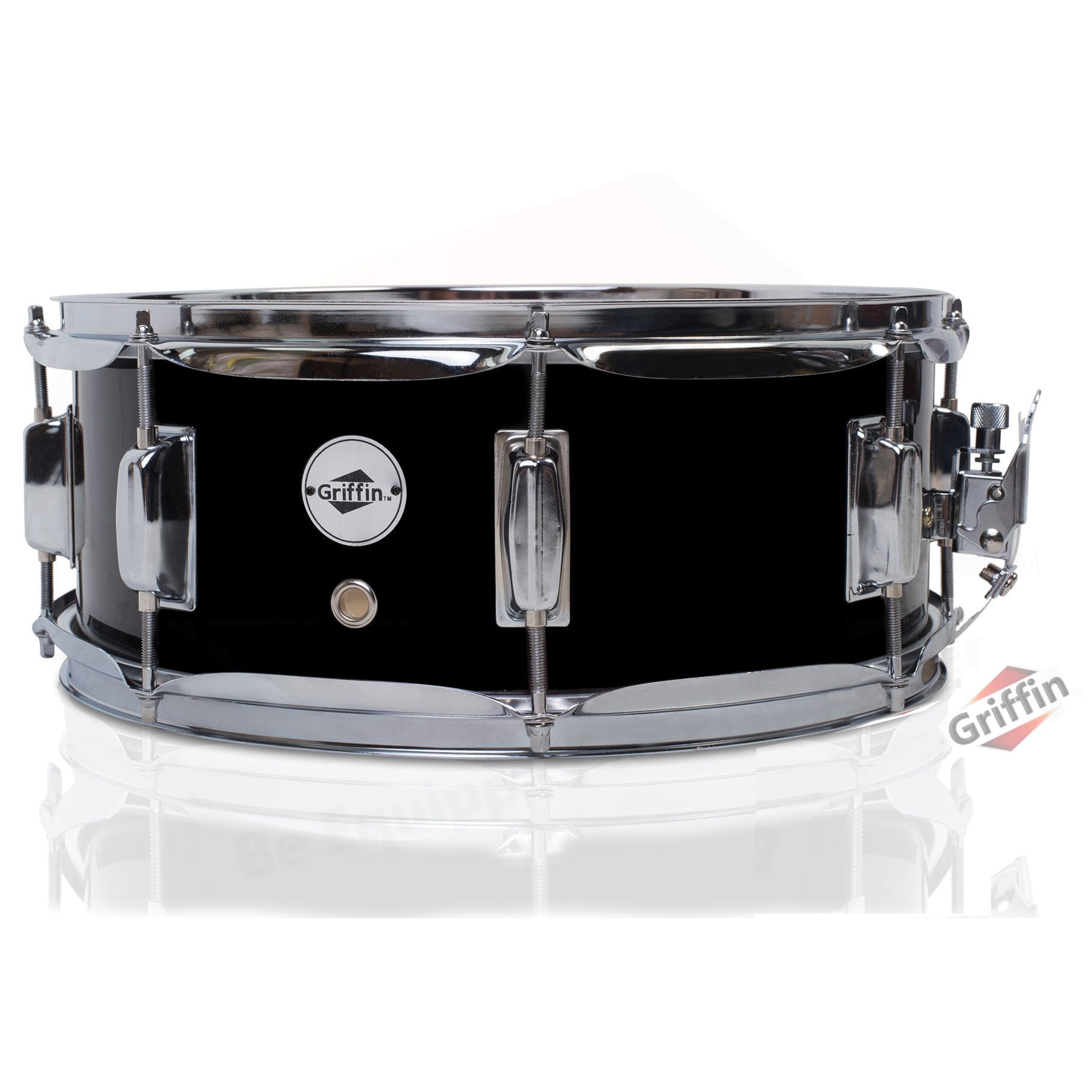 GRIFFIN Snare Drum | Poplar Wood Shell 14" x 5.5" with Black PVC & Coated Head | Acoustic Marching Percussion Musical Instrument Set with Drummers Key, 8 Metal Tuning Lugs & Snare Strainer Throw Off GeekStands.com