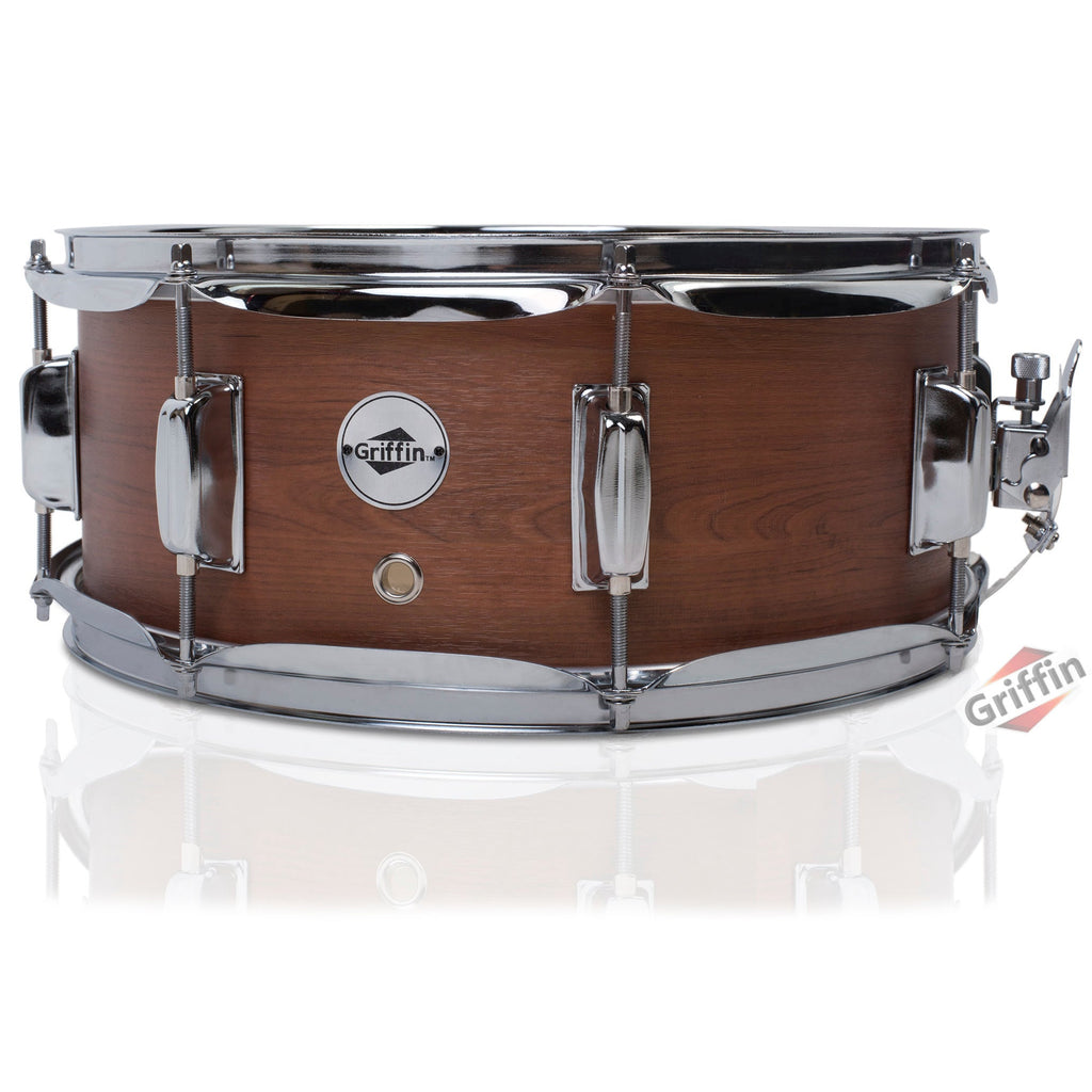 GRIFFIN Snare Drum - Poplar Wood Shell 14" x 5.5" with Flat Hickory PVC - 8 Metal Tuning Lugs & Snare Strainer Throw Off - Percussion Instrument Kit GeekStands.com