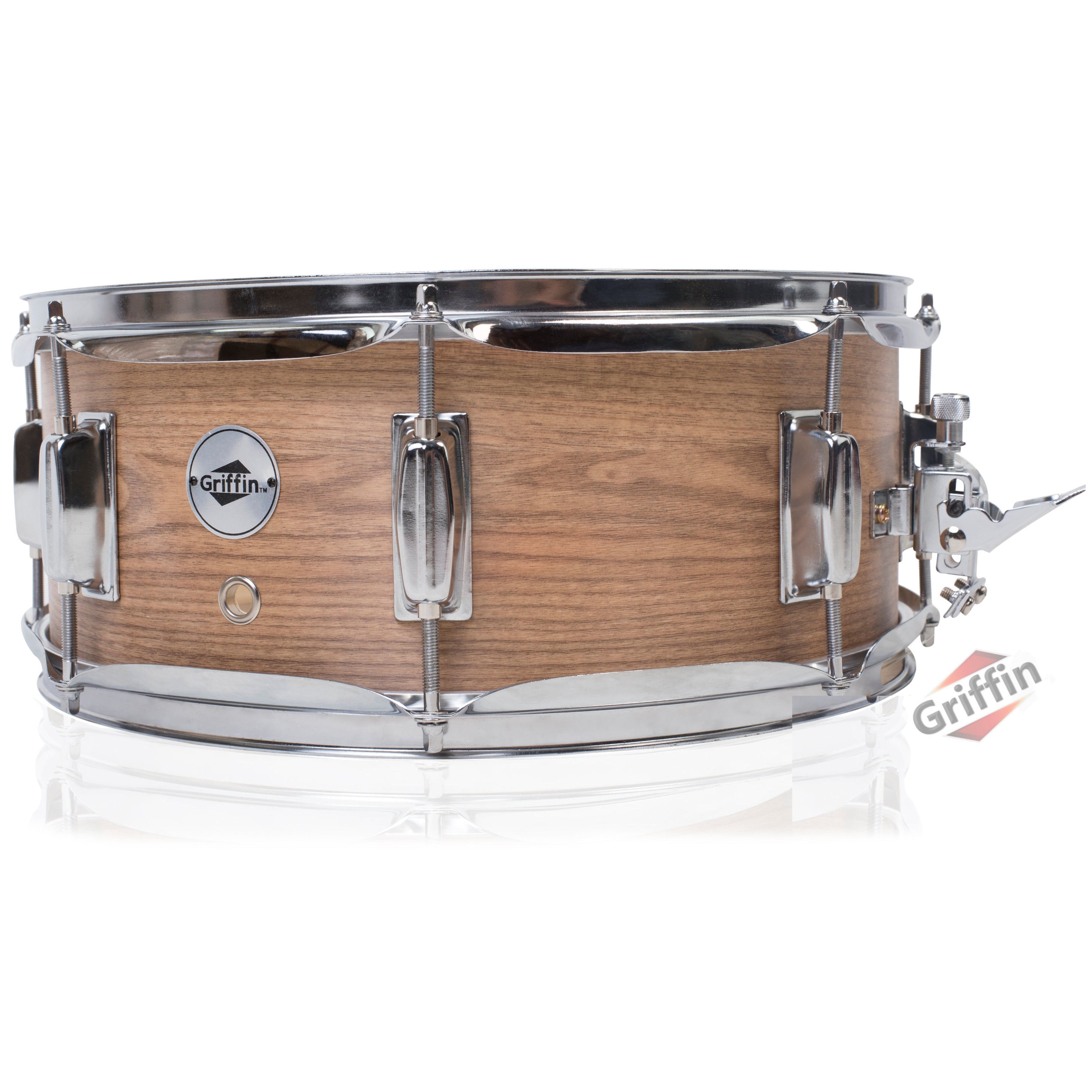 Oak Wood Snare Drum by GRIFFIN | PVC on Poplar Wood Shell 14" x 5.5" | Percussion Musical Instrument with Drummers Key for Students & Professionals|8 Tuning Lugs & Deluxe Snare Strainer GeekStands.com