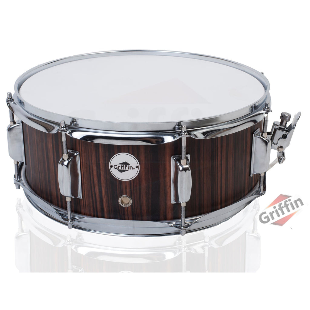 Snare Drum by GRIFFIN | 14" x 5.5"  Black Hickory PVC & Coated Head on Poplar Wood Shell | Acoustic Marching Percussion Instrument Set, Drummers Key, 8 Metal Tuning Lugs & Snare Strainer Throw Off Kit GeekStands.com