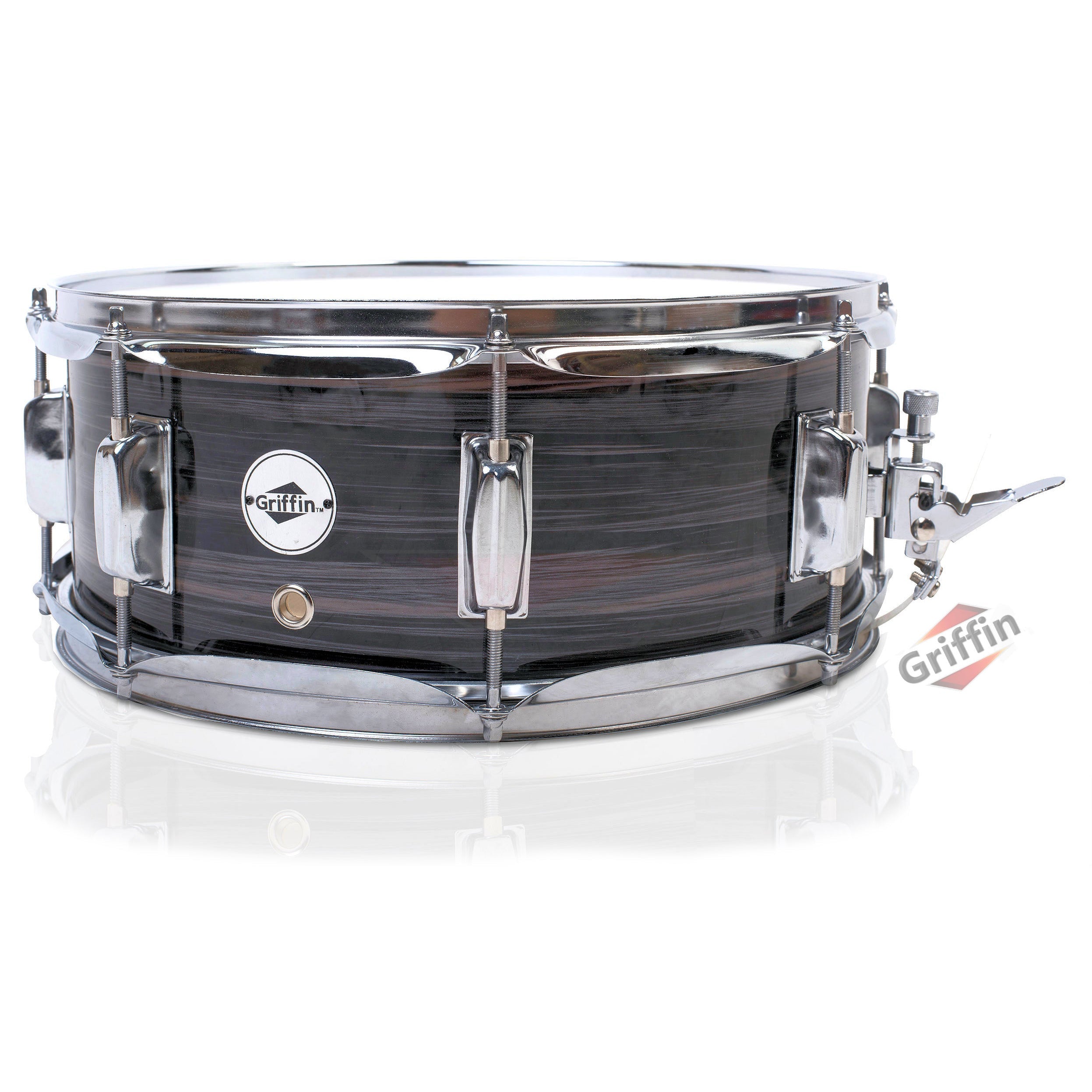 Deluxe Snare Drum by GRIFFIN | 14" x 5.5" Poplar Wood Shell with Zebra PVC Glossy Finish | Percussion Musical Instrument with Drummers Key for Students & Professionals | 8 Tuning Lugs & Snare Strainer GeekStands.com