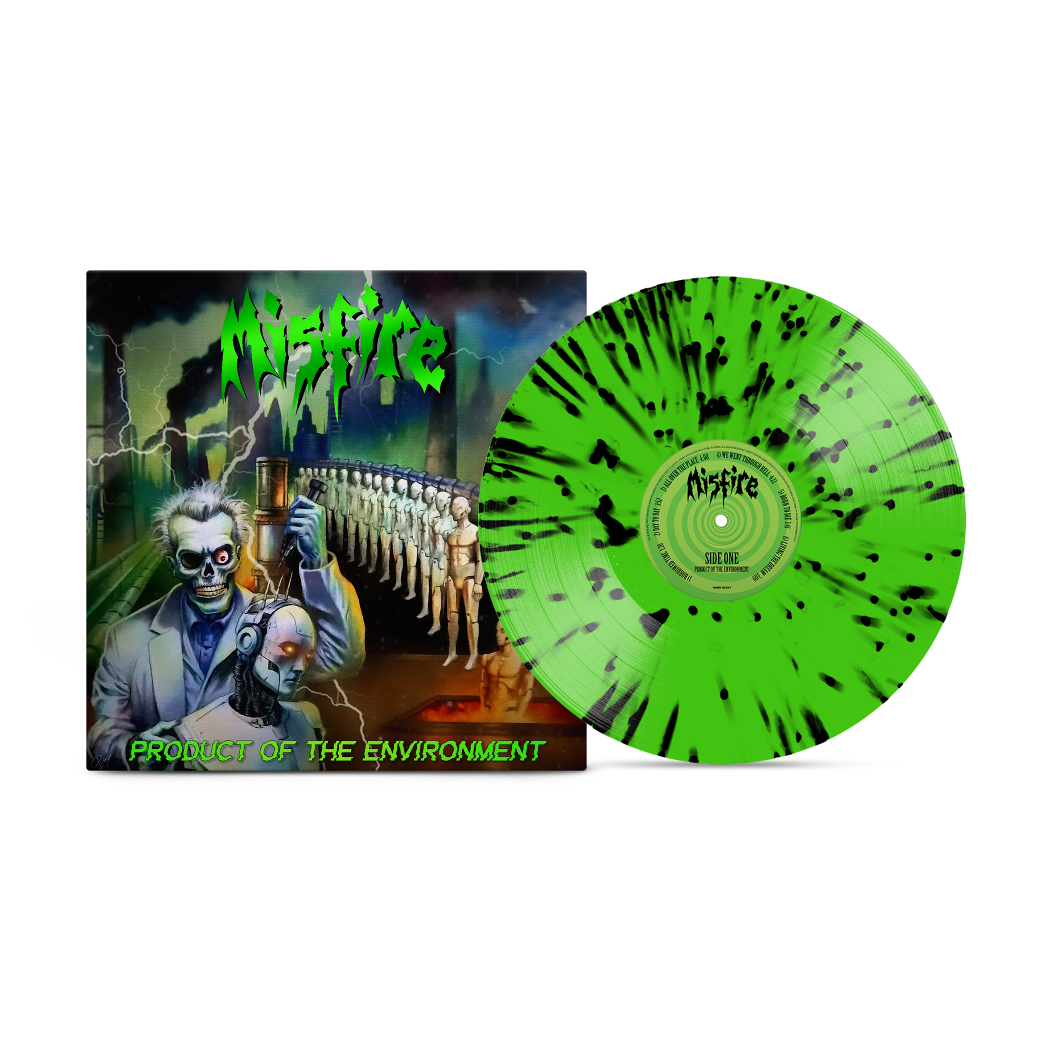 Misfire - Product Of The Environment Neon Green with Black Splatter Vinyl MNRK Heavy