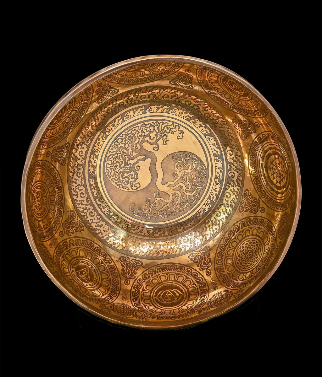 New Etched Jambati Tree of Life Singing Bowl B2 122Hz 10.5" N16221 Bodhisattva Trading Company