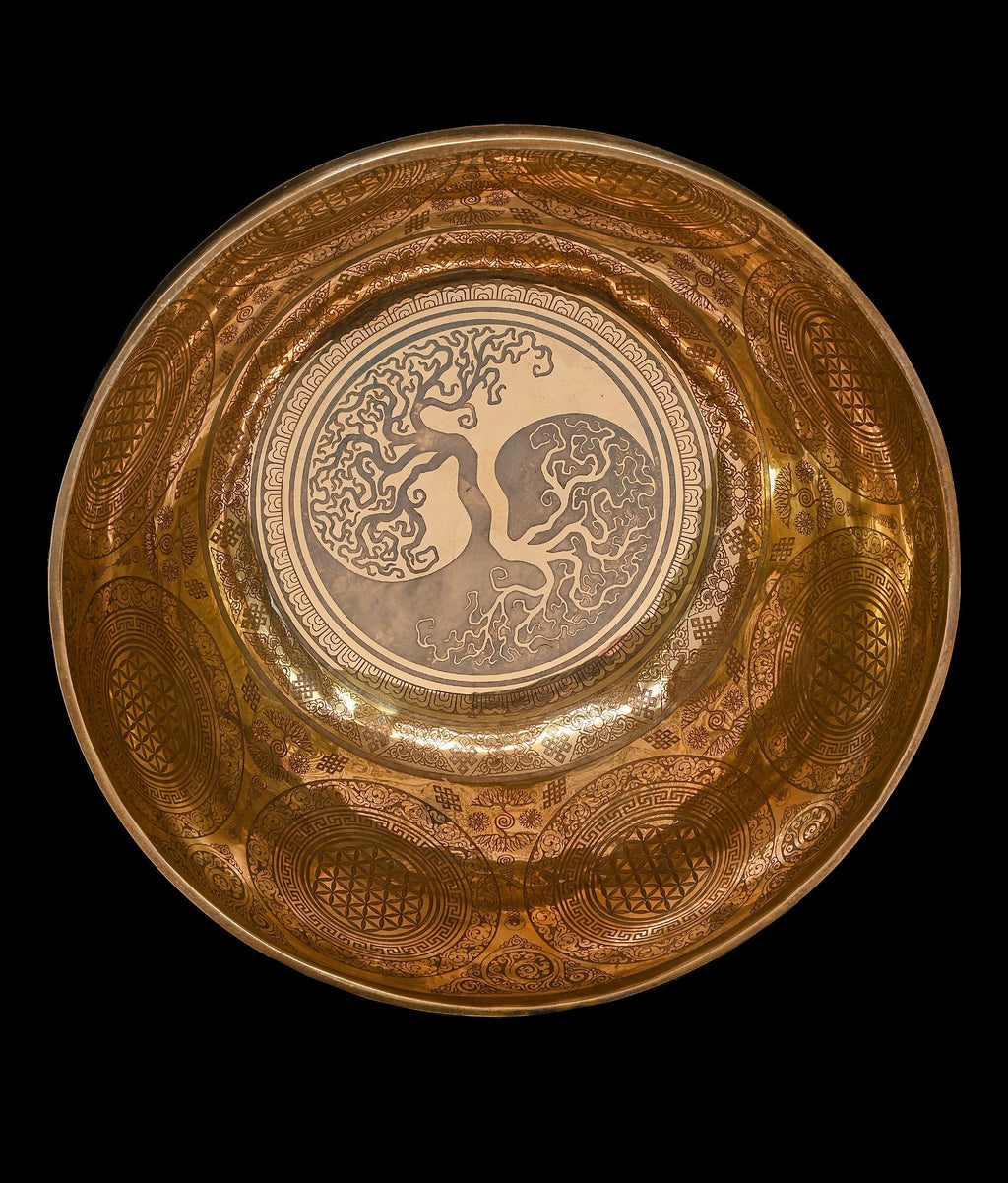 New Etched Jambati Tree of Life Jambati Singing Bowl F2 86Hz 11" N16224 Bodhisattva Trading Company