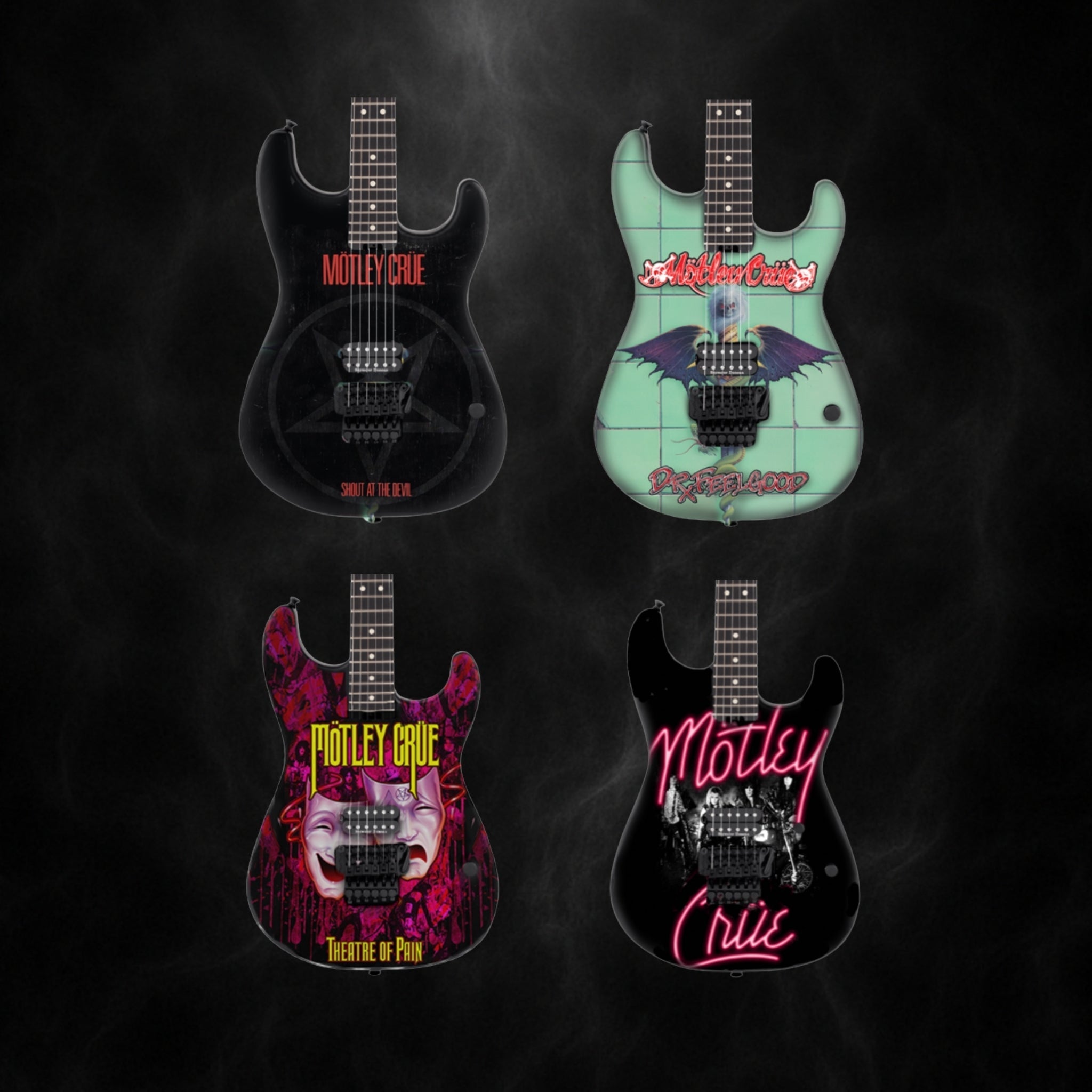 The Complete Mötley Crüe Album Cover Collectible Miniature Guitar Set – All 4 Official Mini Guitar Designs The Mini Axe