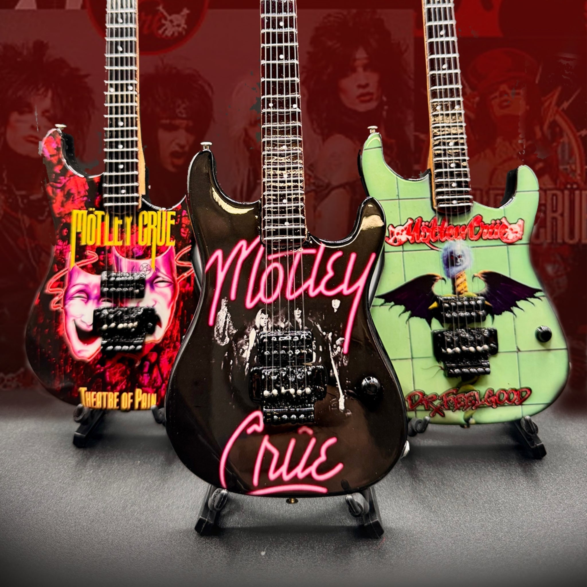 The Complete Mötley Crüe Album Cover Collectible Miniature Guitar Set – All 4 Official Mini Guitar Designs The Mini Axe