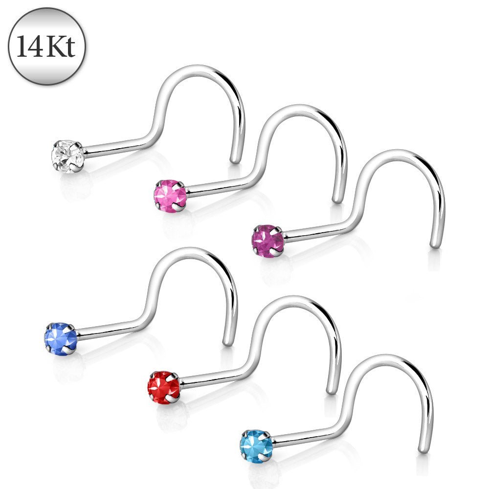 14Kt White Gold Screw Nose Ring with Prong Setting Gem Fashion Hut Jewelry