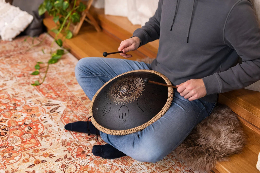 16" Octave Steel Tongue Drum, D Kurd, Lasered Floral Design, Black Utah Energy Healing Center