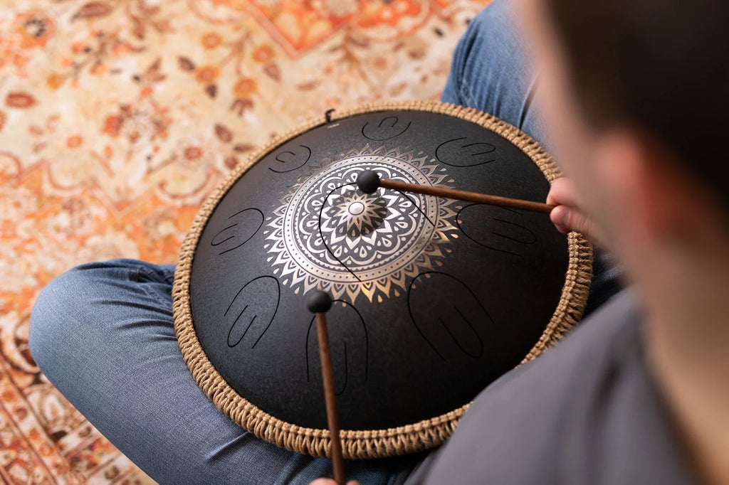 16" Octave Steel Tongue Drum, D Kurd, Lasered Floral Design, Black Utah Energy Healing Center