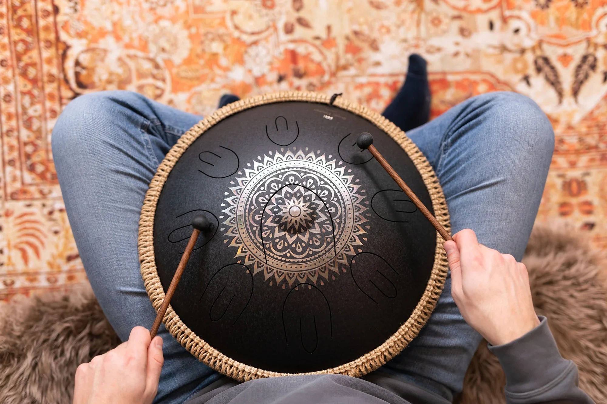 16" Octave Steel Tongue Drum, D Kurd, Lasered Floral Design, Black Utah Energy Healing Center