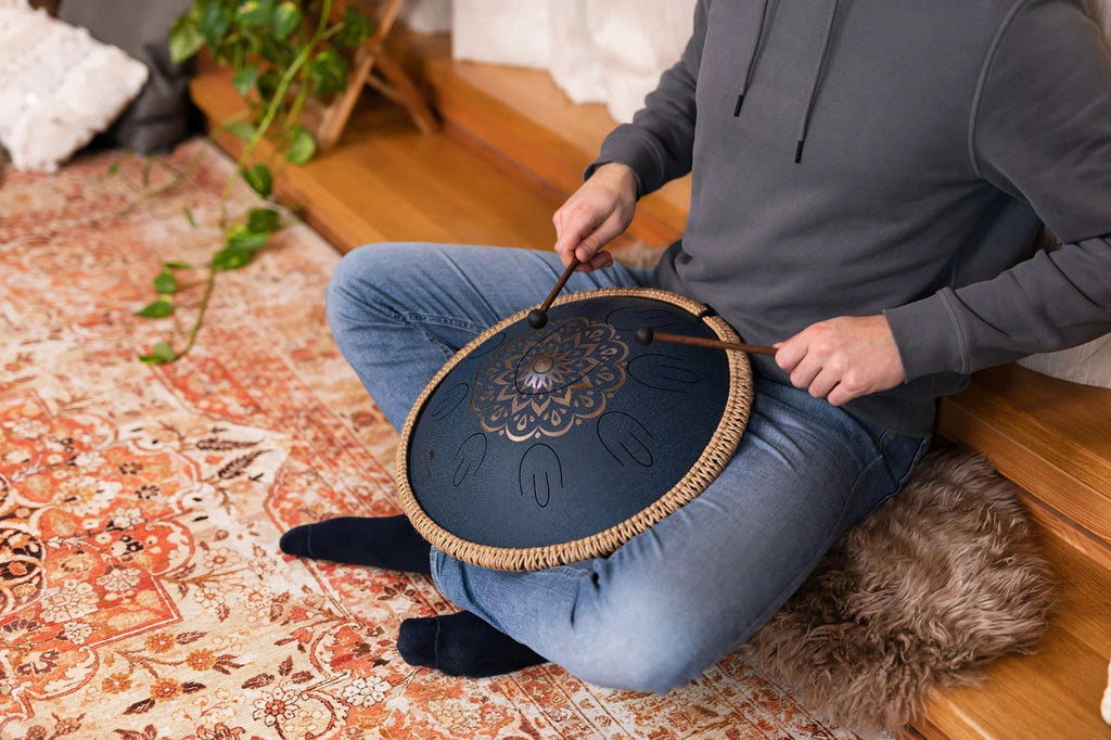16" Octave Steel Tongue Drum, D Amara, Lasered Floral Design, Navy Blue Utah Energy Healing Center