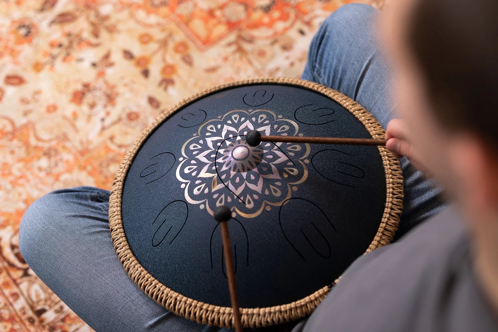 16" Octave Steel Tongue Drum, D Amara, Lasered Floral Design, Navy Blue Utah Energy Healing Center
