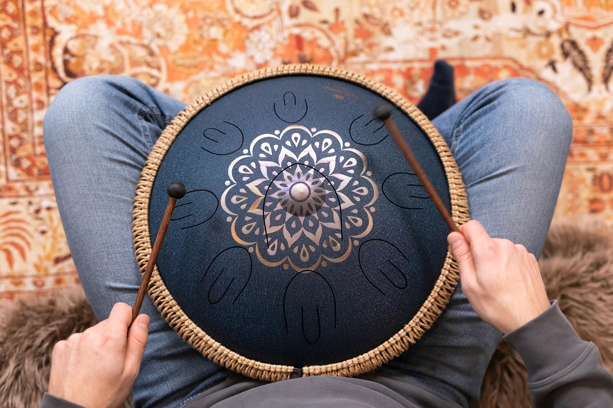 16" Octave Steel Tongue Drum, D Amara, Lasered Floral Design, Navy Blue Utah Energy Healing Center