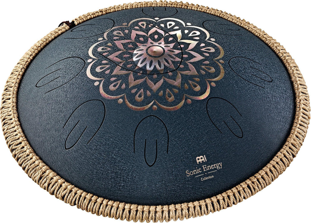 16" Octave Steel Tongue Drum, D Amara, Lasered Floral Design, Navy Blue Utah Energy Healing Center