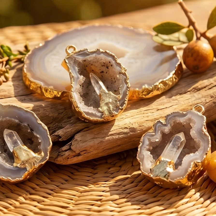 Oco Geode Druzy Crystal Pendant with Quartz Point (Gold Plated) Amazing Crystals