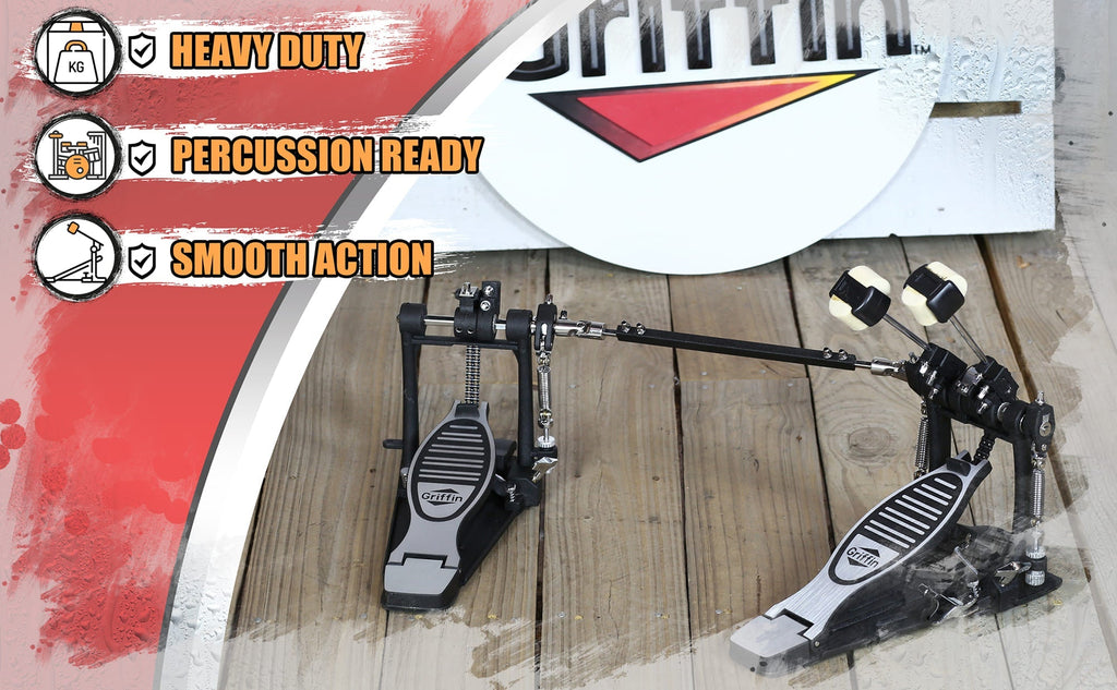 Deluxe Double Kick Drum Pedal for Bass Drum by GRIFFIN | Twin Set Foot Pedal | Quad Sided Beater Heads | Dual Pedal Two Chain Drive Percussion Hardware | Impressive Response for Metal & Rock Drummers GeekStands.com
